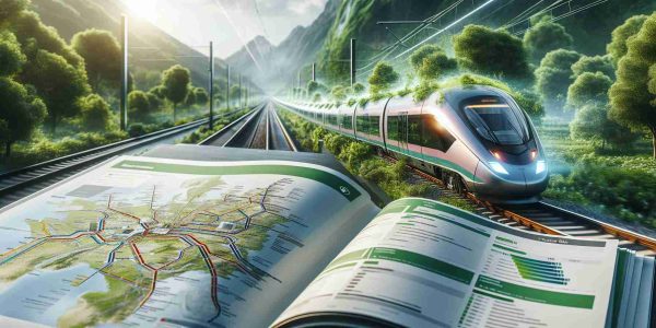 A realistic, high-definition image depicting the concept of exploring sustainable travel alternatives through comprehensive train guides. In the foreground, a laid-open train guide showing a rail network map and detailed information about routes, schedules, and eco-friendly practices. In the background, a dynamic scene presenting a modern, energy-efficient train swiftly cruising through a lush, green landscape, illustrating the appeal and potential impact of choosing sustainable travel methods.