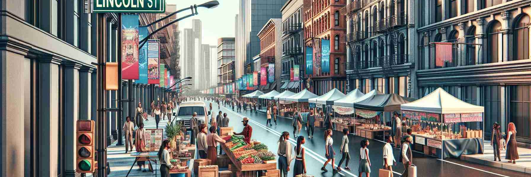 High-resolution, realistic depiction of a vibrant street in an urban setting, signified as 'Lincoln Streets'. Captivate the anticipation of several upcoming events, showcasing banners, posters, and stalls being prepared. People of diverse descents and genders, such as Caucasian females, Asian males, and Hispanic individuals, are actively participating in the preparation, with a sense of anticipation and excitement. The elements of the upcoming events can include cultural exhibitions, food festivals, or local music performances, reflecting the community's diversity and unity.