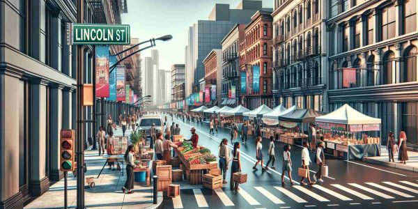 High-resolution, realistic depiction of a vibrant street in an urban setting, signified as 'Lincoln Streets'. Captivate the anticipation of several upcoming events, showcasing banners, posters, and stalls being prepared. People of diverse descents and genders, such as Caucasian females, Asian males, and Hispanic individuals, are actively participating in the preparation, with a sense of anticipation and excitement. The elements of the upcoming events can include cultural exhibitions, food festivals, or local music performances, reflecting the community's diversity and unity.