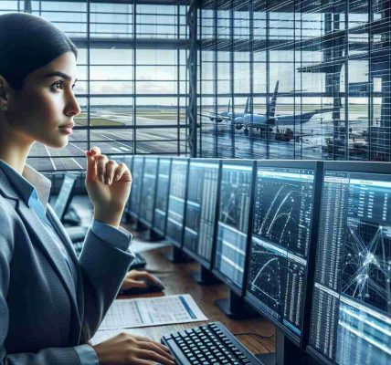 Detailed, high-definition depiction of an American airline business executive analyzing a departure scene at an airport. The executive is a Hispanic woman, looking thoughtful and professional, studying computer screens displaying various flight metrics and departure details, with a backdrop of large glass windows revealing a bustling runway. The image captures the intricacies and complexities involved in managing flight operations.