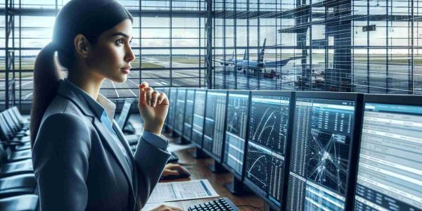 Detailed, high-definition depiction of an American airline business executive analyzing a departure scene at an airport. The executive is a Hispanic woman, looking thoughtful and professional, studying computer screens displaying various flight metrics and departure details, with a backdrop of large glass windows revealing a bustling runway. The image captures the intricacies and complexities involved in managing flight operations.