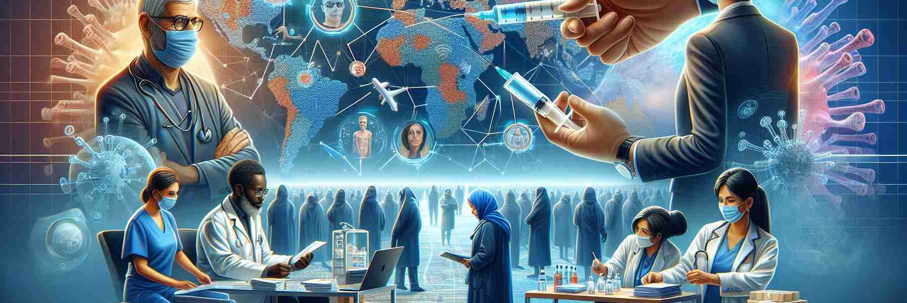 A high-definition illustration depicting the progress in vaccine distribution and international relations. The scene incorporates an array of elements: a map indicative of the global landscape, diverse individuals in the foreground — a Caucasian male logistics expert analyzing distribution plans, a Black female diplomat engaged in discussion, a Middle Eastern male scientist researching vaccine development, and a South Asian female healthcare worker administering vaccines. In the background, symbolic representations of unity and cooperation such as the interlinked hands are visible, denoting improved international relations.