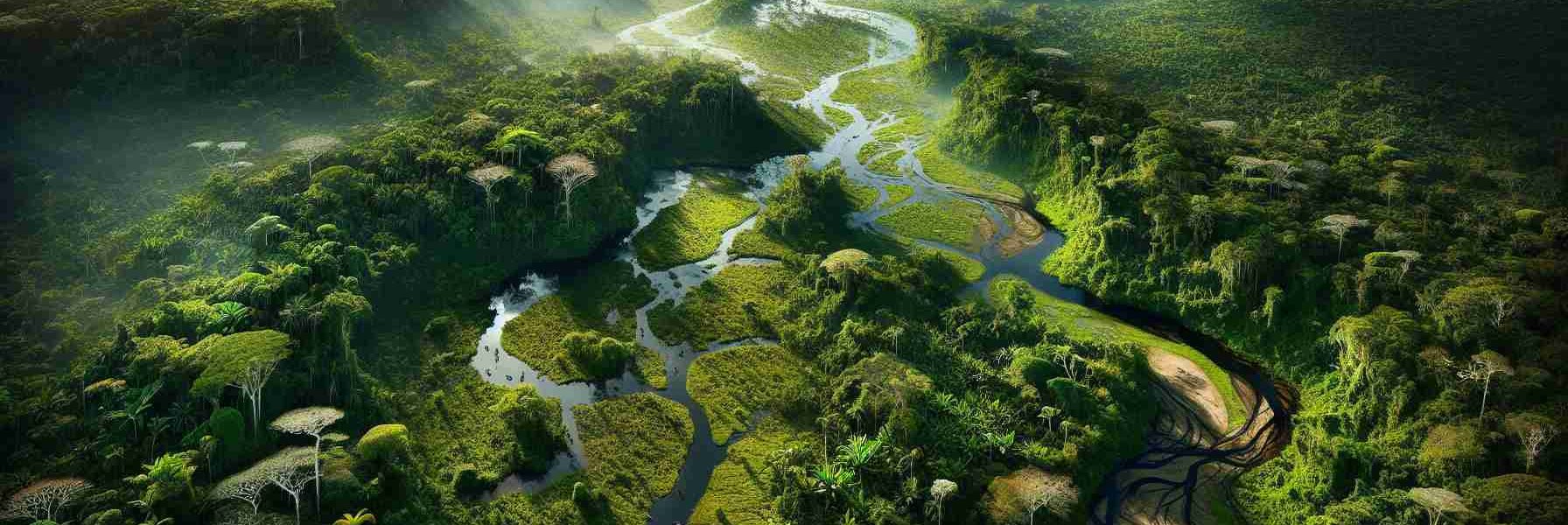 A highly-detailed, high-definition picture capturing the remarkable biodiversity and vibrant ecosystem of the Amazon Rainforest. The image should encompass sprawling foliage with various plant species and an array of exotic wildlife in their natural habitat. Sweeping canopies should drape the upper section, permitting sparse sun rays that penetrate down to the forest floor. The scene should also feature meandering rivers that crisscross the vibrant green forest, creating a complex network of water bodies. The overall aesthetic of the picture should bring out the unique charm and the profound wonders the Amazon Rainforest enfolds.