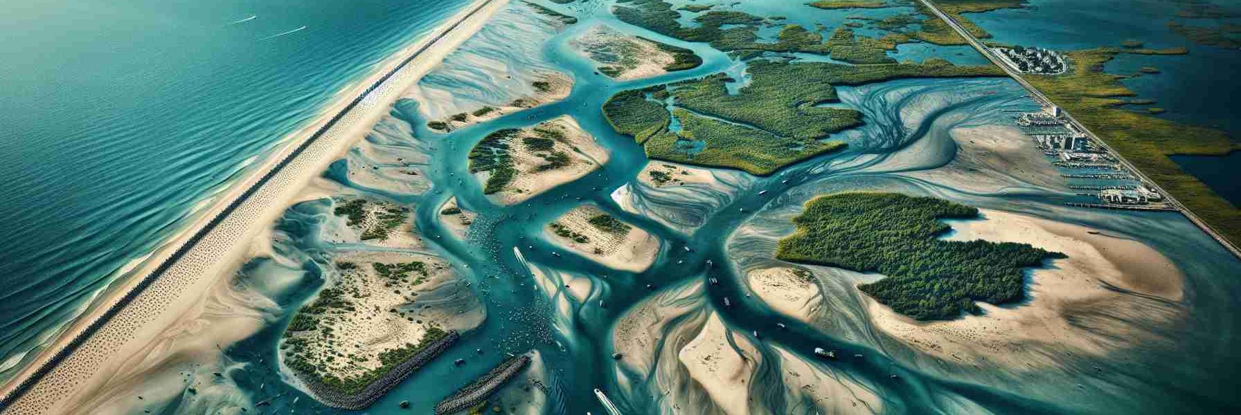 Generate a high-definition, realistic image showcasing the expansion of a sandbar in Manasquan Inlet. This image should capture the worrying scale of the sandbar's growth, presenting it as a challenge to the natural waterway. Visible should be the outline of the sandbar below the unclear water, spreading across the area with visible disturbances on the surface. Nearby, local flora and fauna affected by this change should be discernible. The general mood of the picture should evoke a sense of concern for this environmental shift.