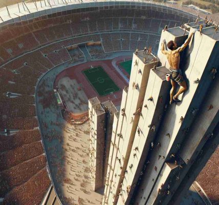 High-definition, realistic image of a male rock climber of Caucasian descent, scaling a tall, architectural structure famous for its unique design amidst the chaotic environment reminiscent of a large international athletic event such as the Olympics. The scene captures the climb in progress - the climber halfway up the structure, the crowd below in a mixture of fascination and apprehension, and a distant view of an athletic stadium teeming with activity.