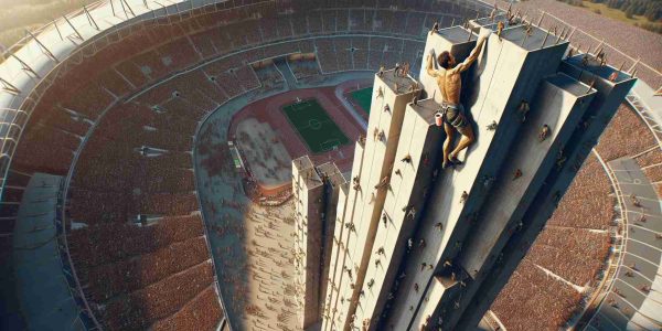 High-definition, realistic image of a male rock climber of Caucasian descent, scaling a tall, architectural structure famous for its unique design amidst the chaotic environment reminiscent of a large international athletic event such as the Olympics. The scene captures the climb in progress - the climber halfway up the structure, the crowd below in a mixture of fascination and apprehension, and a distant view of an athletic stadium teeming with activity.