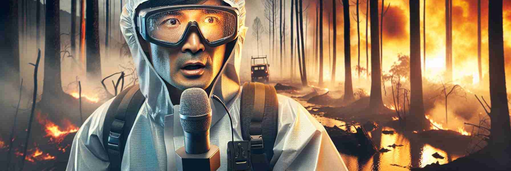 A realistic, high-definition image depicting a scenario of a reporter braving the forces of nature to explore the devastation caused by a wildfire. This South Asian male reporter is outfitted in protective gear, his determination evident on his face as he navigates the smoky terrain. He holds a microphone, conducting a broadcast in the midst of charred trees and the remnants of a once thriving ecosystem. The fiery glow of the distant wildfire reflects in his glasses, casting an ominous light across the scene.