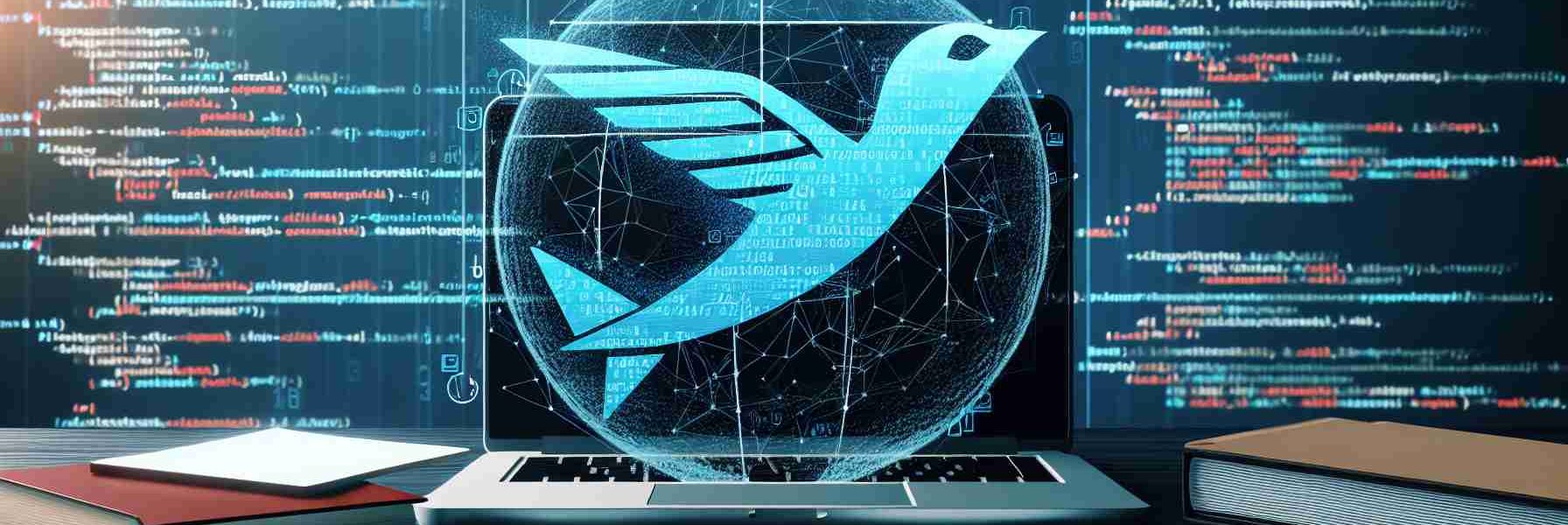 Generate a high-definition image showcasing a digital depiction indicative of an airline company, represented by a stylized flying bird symbol, seeking legal recourse after a cyber incident. The foreground should include legal documents, a laptop displaying code, and a network security breach symbol.