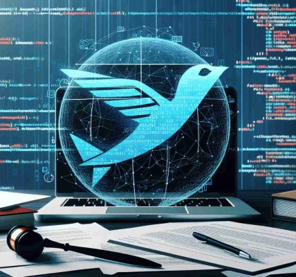 Generate a high-definition image showcasing a digital depiction indicative of an airline company, represented by a stylized flying bird symbol, seeking legal recourse after a cyber incident. The foreground should include legal documents, a laptop displaying code, and a network security breach symbol.