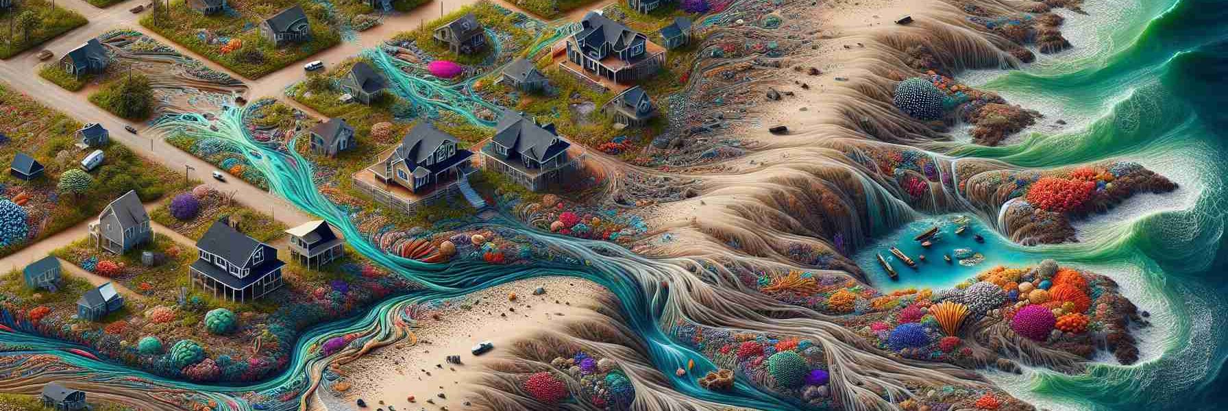 An intricate, high-definition image that depicts the various impacts oceanic patterns have on coastal communities. This could include scenes of tides shaping the shoreline, with sediment and rocks being carried away or deposited. Perhaps there are houses situated near the beach, some potentially showing signs of erosion due to ocean waves. There might be indicators of how marine life and local fishing practices are influenced by the oceanic patterns, providing a glimpse into the livelihood of these communities. Colorful coral reefs thriving in these waters may be intertwined into this scene, indicating how ocean patterns contribute to their health.