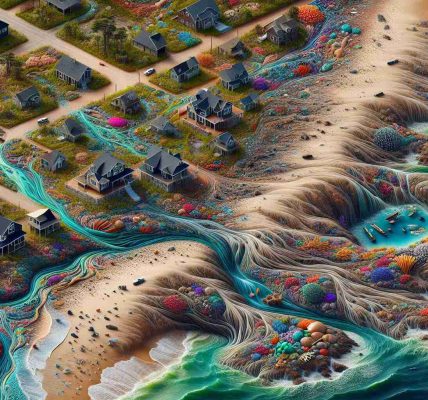 An intricate, high-definition image that depicts the various impacts oceanic patterns have on coastal communities. This could include scenes of tides shaping the shoreline, with sediment and rocks being carried away or deposited. Perhaps there are houses situated near the beach, some potentially showing signs of erosion due to ocean waves. There might be indicators of how marine life and local fishing practices are influenced by the oceanic patterns, providing a glimpse into the livelihood of these communities. Colorful coral reefs thriving in these waters may be intertwined into this scene, indicating how ocean patterns contribute to their health.