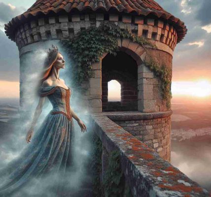 A realistic, high-definition image illustrating the concept of the mysterious disappearance of a female character known as Tower Girl. She could be portrayed midway through her fading process, turning transparent or dissolving into a magical mist at the top of a medieval tower during a cloudy sunset. The tower itself could be made of weathered stones, with clinging ivy and moss, overlooking the vast expanse of a medieval village below. Her outfit might be of a traditional medieval lady, with flowing gown and intricate headpiece, adding charm and a sense of enigma to the scene.