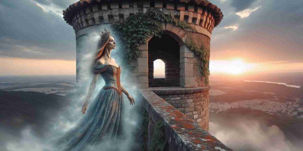 A realistic, high-definition image illustrating the concept of the mysterious disappearance of a female character known as Tower Girl. She could be portrayed midway through her fading process, turning transparent or dissolving into a magical mist at the top of a medieval tower during a cloudy sunset. The tower itself could be made of weathered stones, with clinging ivy and moss, overlooking the vast expanse of a medieval village below. Her outfit might be of a traditional medieval lady, with flowing gown and intricate headpiece, adding charm and a sense of enigma to the scene.