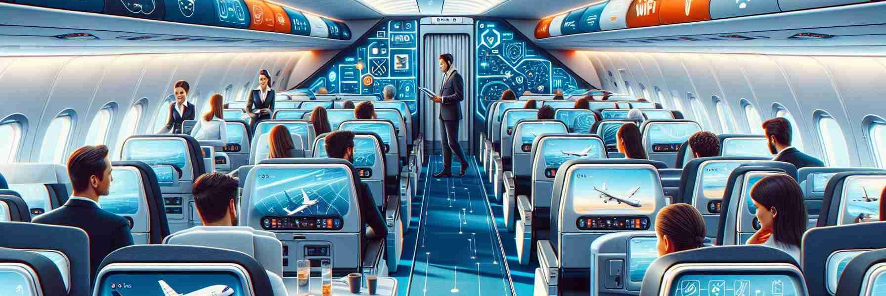 Visual representation of an airline, inspired by design and color schemes typical of the late 20th century, implementing innovative technology to enhance the passenger experience. The image should exhibit a modern aircraft interior with high-definition details, accentuated by state-of-the-art of technology such as touchscreen entertainment systems, WiFi symbols indicating availability of connectivity and comfortable ergonomically designed seats. In the image, passengers can be seen engaged with their in-flight environment, perhaps utilizing a digital touchscreen on their seatbacks or browsing their handheld devices, enjoying the enhanced user experience. The airline staff, both male and female, of assorted descents including Caucasian, Hispanic, Asian, and Black, can be seen assisting the passengers and supervising the advanced systems.