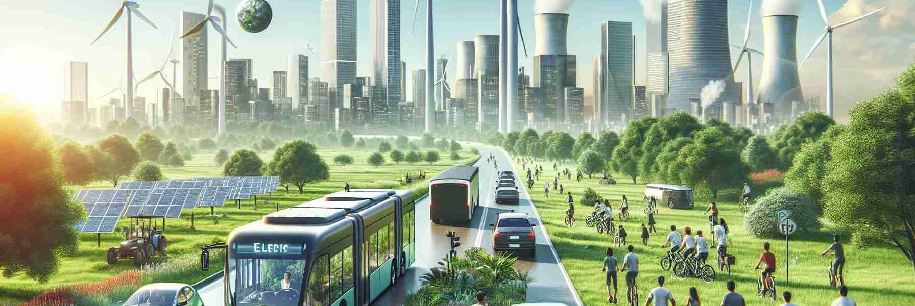 Generate a realistic, high-definition image representing a scene of eco-friendly transportation development. Include various types of vehicles like electric cars, hybrid buses, and bicycles. The setting is an urban environment with lush green spaces around. The skyline is dotted with wind turbines and solar panels to indicate an alternative energy infrastructure supporting this transportation evolution. People with equal probability of descents including Caucasian, Hispanic, Black, Middle-Eastern, South Asian, East Asian, are seen using this transportation, sending an encouraging message about a greener future.