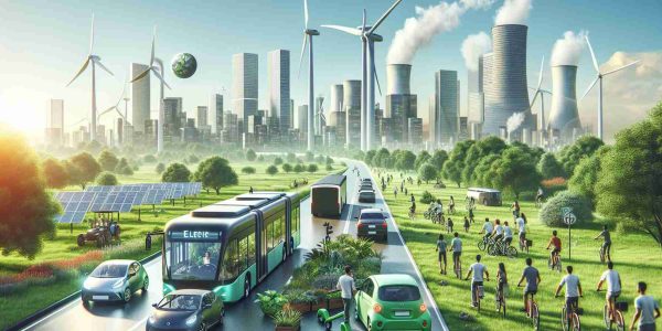 Generate a realistic, high-definition image representing a scene of eco-friendly transportation development. Include various types of vehicles like electric cars, hybrid buses, and bicycles. The setting is an urban environment with lush green spaces around. The skyline is dotted with wind turbines and solar panels to indicate an alternative energy infrastructure supporting this transportation evolution. People with equal probability of descents including Caucasian, Hispanic, Black, Middle-Eastern, South Asian, East Asian, are seen using this transportation, sending an encouraging message about a greener future.