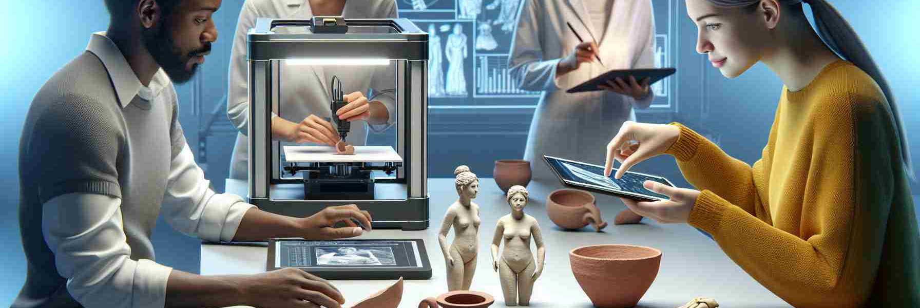 Create a realistic HD image that depicts the concept of 'Restoring History: A Modern Approach'. It might include individuals using modern technological tools such as a 3D printer or a digital tablet to restore or recreate historical artifacts. The scene could be set in a pristine lab with pieces of broken pottery on the table, with a Caucasian woman carefully scanning the pieces with a handheld 3D scanner while a Black man analyzes the data on a large screen. Meanwhile, a South Asian woman could be seen working on a 3D printer, reconstructing the scanned artifacts.