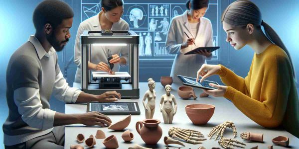 Create a realistic HD image that depicts the concept of 'Restoring History: A Modern Approach'. It might include individuals using modern technological tools such as a 3D printer or a digital tablet to restore or recreate historical artifacts. The scene could be set in a pristine lab with pieces of broken pottery on the table, with a Caucasian woman carefully scanning the pieces with a handheld 3D scanner while a Black man analyzes the data on a large screen. Meanwhile, a South Asian woman could be seen working on a 3D printer, reconstructing the scanned artifacts.