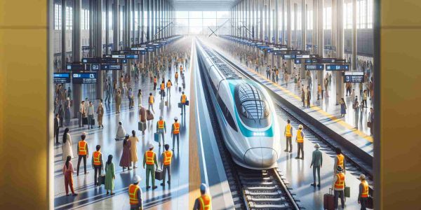 Create a realistic, high-definition image of a high-speed rail station that has recently been renovated after instances of vandalism. Display a bright, bustling platform with passengers awaiting the arrival of the next train. There are workers in neon vests, signifying the end of renovation works, mixed among the crowd. Indian and Hispanic passengers can be seen eagerly waiting for their journey to commence in the newly restored environment. An impeccably clean and shiny train pulls into the station, symbolizing the renewal of high-speed rail service. The environment is awash with soothing ambient daylight.