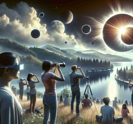 Create a hyper-realistic, high-definition image that portrays the awe-inspiring event of a solar eclipse. Showcase a breathtaking landscape, perhaps a grassy hill or a tranquil beach, where spectators are gathered in anticipation. Include a variety of people in the scene, such as an Asian woman using a solar filter camera, a Black man with eclipse glasses, and a group of Hispanic kids looking through a pinhole projector. Capture the moment when the moon transits across the sun, casting a surreal darkness and revealing the radiant solar corona. Amplify the effect of the celestial phenomenon through dramatic light and shadows.