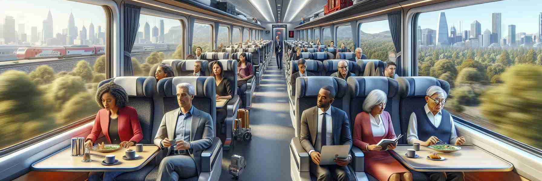 Generate a hyperrealistic high-definition image that depicts an enhanced rail travel experience for passengers on a nondescript modern long-distance train service. Show various upgrades in the train amenities to ensure customer comfort. This might include comfortable seats with ample legroom, clean restrooms, a well-stocked dining car, large windows for scenic viewing, and attentive staff. Make sure to include passengers of different descents and genders, including a Middle-Eastern man reading a book, a Black woman using her laptop, and an East Asian elderly couple looking out the window and enjoying the scenery.