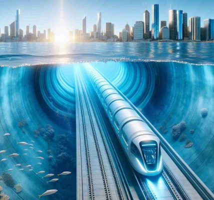 Generate a hyper-realistic, high-definition image of a futuristic concept for an underwater train tunnel. This proposed transportation marvel stretches from Melbourne to Sydney, indicating the possible future of the Australian infrastructure. The image should depict an external view of the underwater tunnel, submerged beneath the ocean, located between the two cities. The tunnel should be aesthetically pleasing and modern in design, constructed with high-tech materials. The encompassing ocean should be clear, an array of sea-life can be seen swimming around. It’s day time, the sunlight percolating down through the water creating a beautiful ambiance.