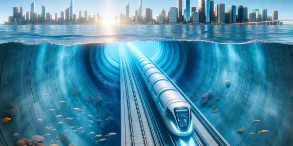 Generate a hyper-realistic, high-definition image of a futuristic concept for an underwater train tunnel. This proposed transportation marvel stretches from Melbourne to Sydney, indicating the possible future of the Australian infrastructure. The image should depict an external view of the underwater tunnel, submerged beneath the ocean, located between the two cities. The tunnel should be aesthetically pleasing and modern in design, constructed with high-tech materials. The encompassing ocean should be clear, an array of sea-life can be seen swimming around. It’s day time, the sunlight percolating down through the water creating a beautiful ambiance.