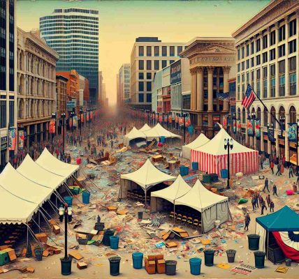 Generate a realistic HD image showing the aftermath of a large, important convention centered in downtown Milwaukee. Visualize the scene with tents and banners of various colors standing around and remnants of posters strewn across. Shops in the background, tall buildings, and the flurry of activity due to workers cleaning up, along with people still lingering, enjoying the end of such an event.