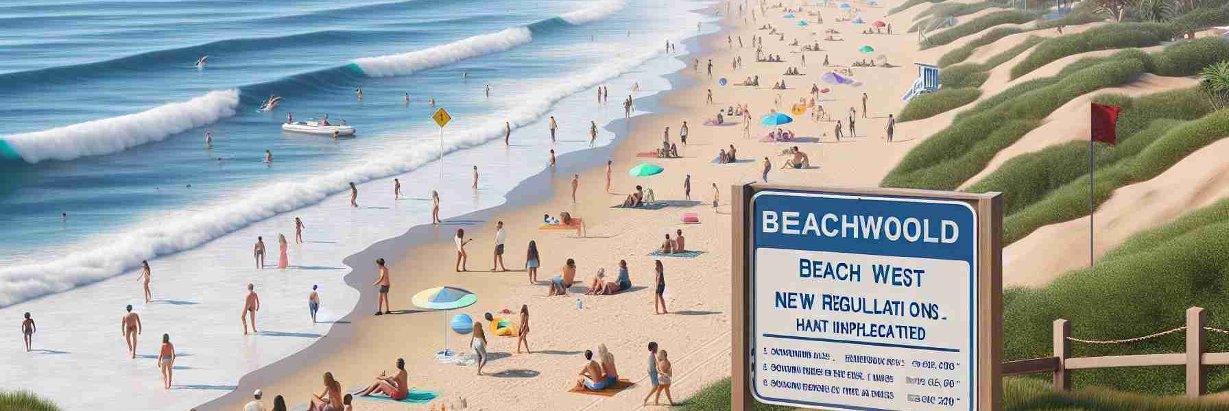 An HD realistic image of a scene at Beachwood Beach West, showcasing new regulations that have been implemented. This should include signs displaying the new rules scattered around the beach, and people complying with these rules. On the beach's sandy shores, several people of various descents and genders are enjoying safely under the new regulations. The ocean is in the background, gentle waves lapping against the shore under a clear, sunny sky.