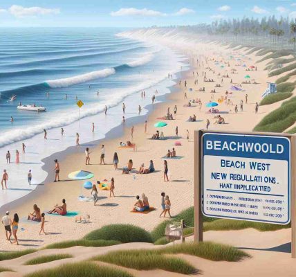 An HD realistic image of a scene at Beachwood Beach West, showcasing new regulations that have been implemented. This should include signs displaying the new rules scattered around the beach, and people complying with these rules. On the beach's sandy shores, several people of various descents and genders are enjoying safely under the new regulations. The ocean is in the background, gentle waves lapping against the shore under a clear, sunny sky.