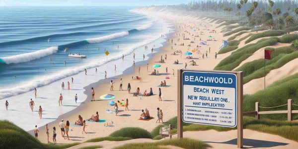 An HD realistic image of a scene at Beachwood Beach West, showcasing new regulations that have been implemented. This should include signs displaying the new rules scattered around the beach, and people complying with these rules. On the beach's sandy shores, several people of various descents and genders are enjoying safely under the new regulations. The ocean is in the background, gentle waves lapping against the shore under a clear, sunny sky.