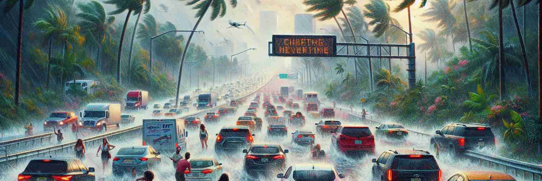 Generate a highly detailed and realistic image of the impact of weather on travel in South Florida. The scene should depict a bustling highway with cars and trucks, all under a heavy downpour, causing slight flooding on the roads. Palm trees sway violently in the wind, and passengers inside the vehicles have concerned expressions on their faces. To the side, an electronic road sign blinks with a warning about challenging driving conditions due to the weather.