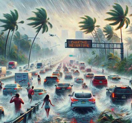 Generate a highly detailed and realistic image of the impact of weather on travel in South Florida. The scene should depict a bustling highway with cars and trucks, all under a heavy downpour, causing slight flooding on the roads. Palm trees sway violently in the wind, and passengers inside the vehicles have concerned expressions on their faces. To the side, an electronic road sign blinks with a warning about challenging driving conditions due to the weather.