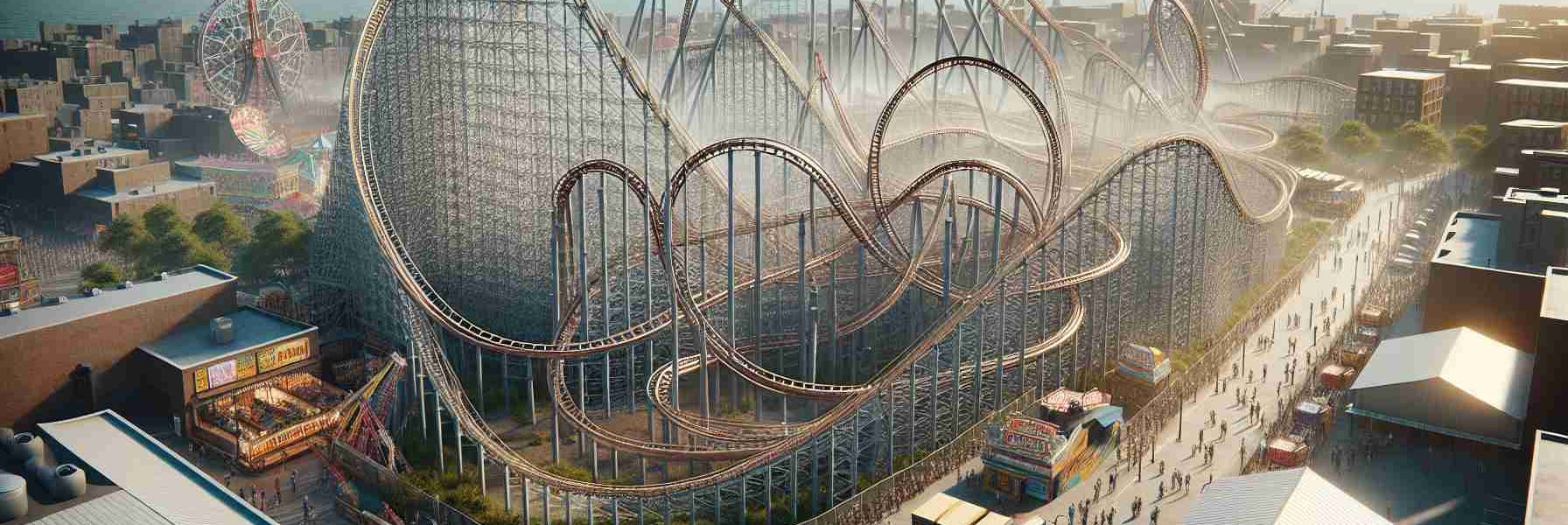 High-definition, realistic image of a thrilling, newly-designed roller coaster being constructed at a bustling amusement park reminiscent of Coney Island. This roller coaster twists and climbs to epic heights, presenting prospective riders with an adrenaline-pumping experience. The park is brimming with human activity, including construction workers of different descents and genders ensuring the coaster's safety. The roller coaster's track loops dramatically against the clear sky, while surrounding attractions such as Ferris wheels, game stalls, and food vendors add to the excitement of the imminent adventure.