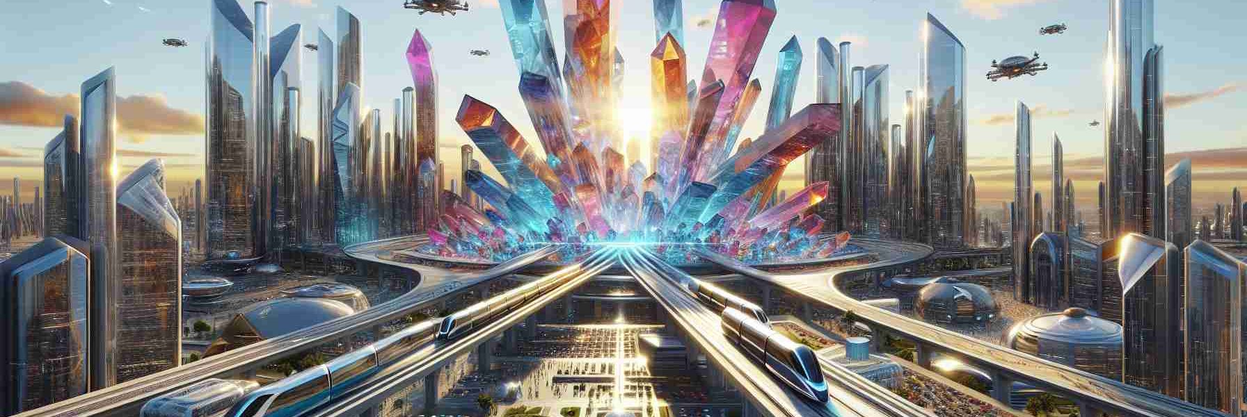 Create a hyper-realistic, high-definition image portraying the concept of a futuristic Crystal City. The city is envisioned as a hub for advanced and innovative transportation, so the design should incorporate elements such as hyper loops, maglev trams, and automated drones. The architecture should be imaginative yet grounded in possible future technologies, with buildings made up of multifaceted crystal-like structures that reflect hues of the sun and moon in vibrant colors. The cityscape should be bustling with activity from different types of futuristic vehicles, and have a feel of ongoing progress and revolutionizing inventions.