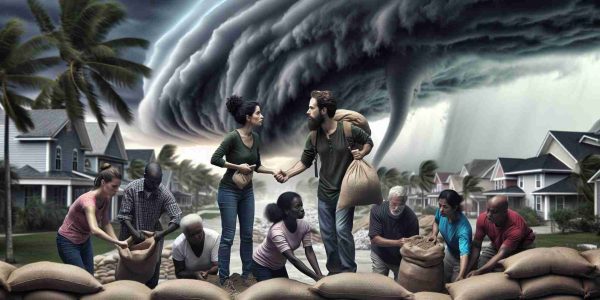 Generate a highly detailed and realistic portrayal of a diverse community banding together ahead of an approaching cyclone. In the foreground, a Hispanic female and a Middle-Eastern male are coordinating efforts, distributing sandbags to fortify their homes against the storm. You can see a range of racial backgrounds: Caucasian males and females, Black males and females, South Asian males and females, all cooperating, stacking sandbags, and securing their homes. In the background, ominous clouds gather, casting a dark grey veil over the scene, offering a stark contrast to the community's determined unity.