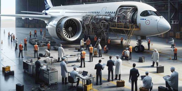 Generate a detailed, high-resolution image depicting an investigation scene centered on engine issues of an Airbus A350 aircraft. This scene should comprise of a parked Airbus A350 at an airport hangar, with safety officials - a diverse group made up of both males and females from a variety of descents such as Caucasian, Asian, and Black - meticulously examining the aircraft engine. The atmosphere should be serious and studious, with various technical tools scattered around the site, and the investigators conducting their duties with great attention to detail.