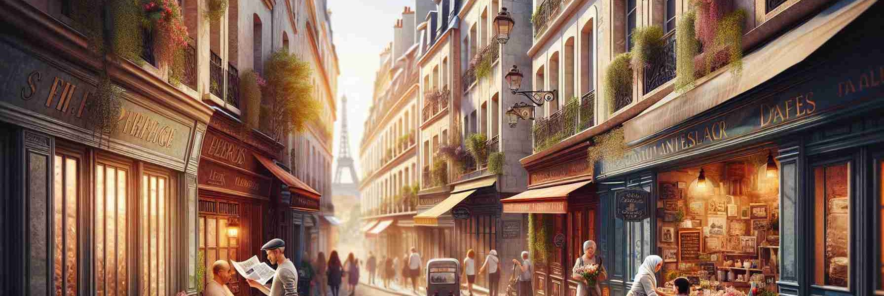 Create a highly detailed, realistic image showcasing an unseen aspect of a city renowned for romance. Visualize narrow cobblestone alleyways, lined with picturesque historical buildings of various colors, centuries-old cafes and charming boutiques. Locals of diverse backgrounds, including a Caucasian man reading a newspaper at a café, a Middle-Eastern woman picking fresh flowers from a corner florist, and a South Asian child playing with a toy in the street, contribute to the lively atmosphere. The warm sunlight filters through the leaves of the trees overhead, casting a golden hue, and the Eiffel Tower is visible in the far distance, marking the city as Paris.