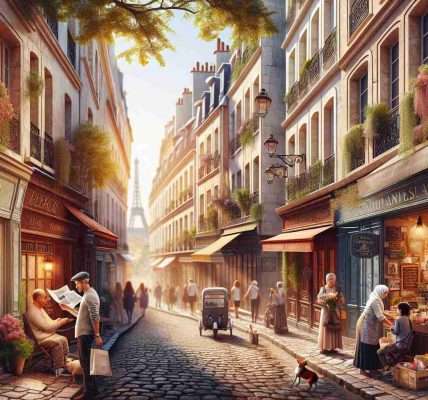 Create a highly detailed, realistic image showcasing an unseen aspect of a city renowned for romance. Visualize narrow cobblestone alleyways, lined with picturesque historical buildings of various colors, centuries-old cafes and charming boutiques. Locals of diverse backgrounds, including a Caucasian man reading a newspaper at a café, a Middle-Eastern woman picking fresh flowers from a corner florist, and a South Asian child playing with a toy in the street, contribute to the lively atmosphere. The warm sunlight filters through the leaves of the trees overhead, casting a golden hue, and the Eiffel Tower is visible in the far distance, marking the city as Paris.