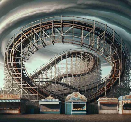 Generate a hyperrealistic high-definition image of an iconic wooden rollercoaster structure, known for its historic, cyclone-style design. The rollercoaster has unexpectedly come to a standstill, creating an atmosphere of uncertainty for its future. The sky in the background is filled with grey clouds, symbolizing the looming trouble. The landscape around is filled with empty snack stalls and ticket booths, showing vacuity. Include noticeable wear and tear in the structure, emphasizing the sense of an 'uncertain future'.