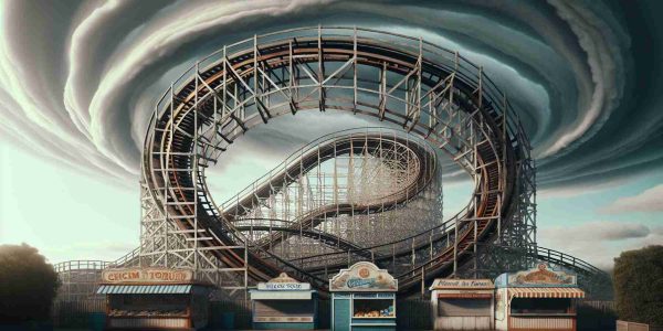 Generate a hyperrealistic high-definition image of an iconic wooden rollercoaster structure, known for its historic, cyclone-style design. The rollercoaster has unexpectedly come to a standstill, creating an atmosphere of uncertainty for its future. The sky in the background is filled with grey clouds, symbolizing the looming trouble. The landscape around is filled with empty snack stalls and ticket booths, showing vacuity. Include noticeable wear and tear in the structure, emphasizing the sense of an 'uncertain future'.