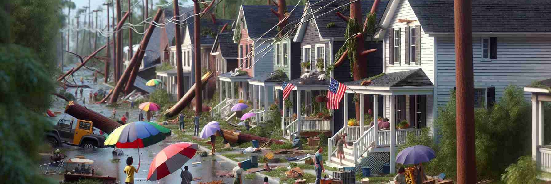 A high-resolution, realistic image of a weather aftermath in Central North Carolina. Depict the heavy impact of recent weather events showcasing signs like fallen trees, scattered debris, water puddles, sagging power lines and even houses with boarded-up windows. Populate the scene with inhabitants of various descents including Caucasian, Black and Hispanic, using umbrellas, salvaging belongings, or repairing damage showcasing resilience and community spirit in the face of disaster.