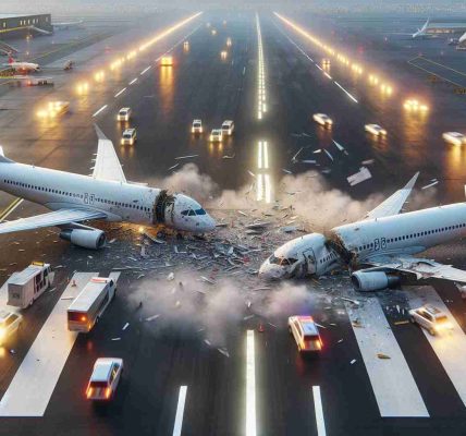 Realistic, high-definition image of two generic airplanes getting involved in a collision on an airport runway, causing shock among the pilots. Accurate details such as the shattered pieces of the airplanes, the skid marks on the runway's tarmac, the flickering warning lights, and the shocked expressions of the pilots could be seen. However, no logos or airline-specific identifiers would be present on the planes or the airport infrastructure.