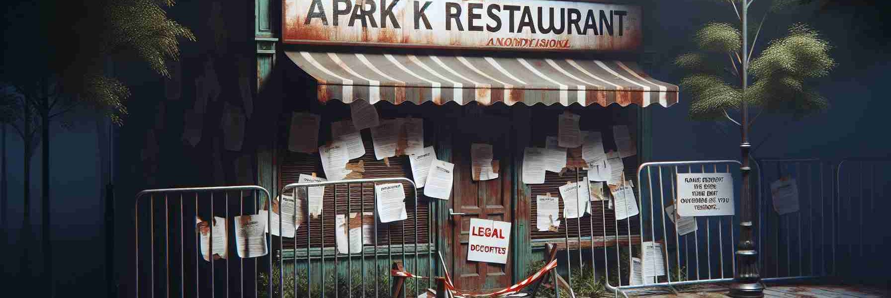 A high definition, realistic image of an anonymous park restaurant marred by a tragic incident. It appears closed and barricaded, with legal documents attached at the front. An atmosphere of sorrow and turmoil surrounds it.