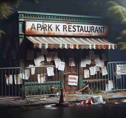 A high definition, realistic image of an anonymous park restaurant marred by a tragic incident. It appears closed and barricaded, with legal documents attached at the front. An atmosphere of sorrow and turmoil surrounds it.