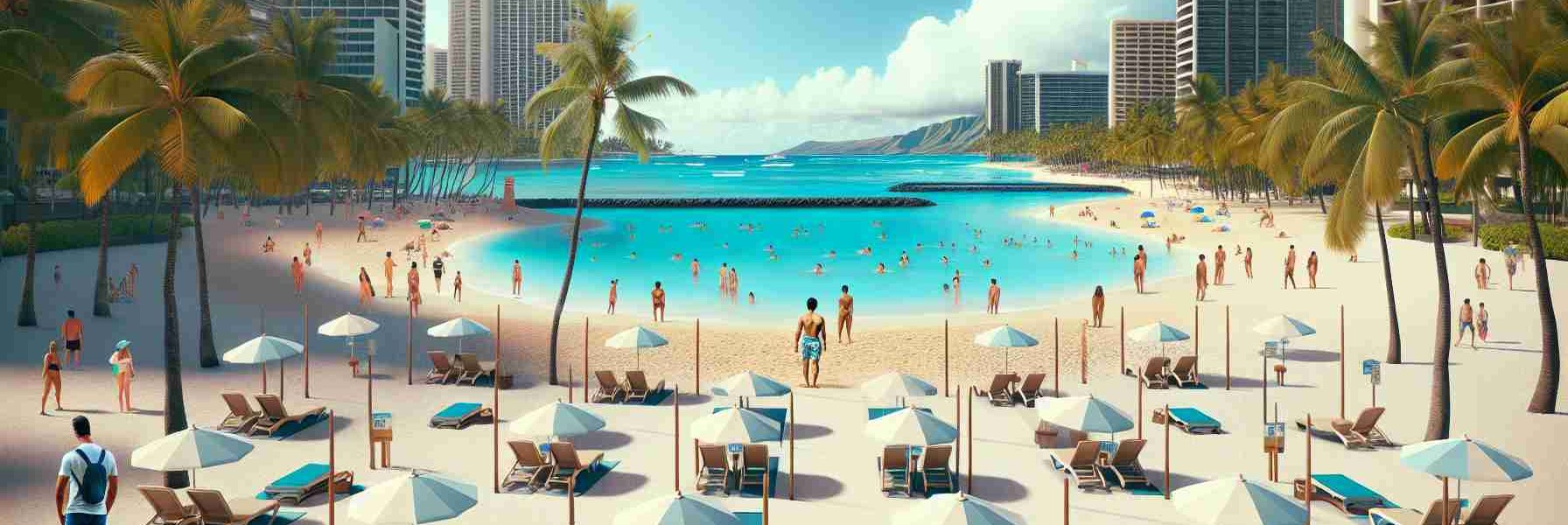 Create a hyper-realistic, high definition image displaying newly implemented regulations for the arrangement of beach equipment in Waikiki. The scene should demonstrate proper setup according to the rules: neatly arranged sun loungers, beach umbrellas erected in designated areas, and clear walking paths. Make sure to capture the iconic natural beauty of Waikiki with its turquoise waters, golden sands, and swaying palm trees. Also, include people of diverse genders and descents engaging with the equipment within the rules, signifying the enforcement of these new regulations.