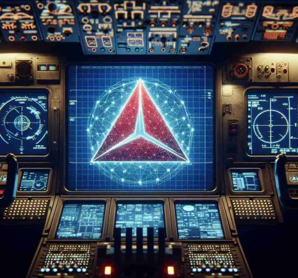 High definition image of a realistic airline's logo, implying a technology related crisis. The logo is triangular, with a red graphic against a blue backdrop, similar to Delta Airlines logo but not the same. This is placed centre-stage on a digital screen of a computationally intricate cockpit, with several digital gauges and screens malfunctioning or flashing warnings, showing a technological incident. The dimly-lit cockpit is designed to give a feeling of dusk, where the outside view shows the onset of twilight through the windshield.