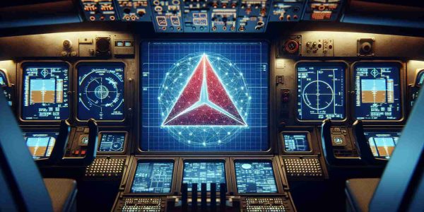 High definition image of a realistic airline's logo, implying a technology related crisis. The logo is triangular, with a red graphic against a blue backdrop, similar to Delta Airlines logo but not the same. This is placed centre-stage on a digital screen of a computationally intricate cockpit, with several digital gauges and screens malfunctioning or flashing warnings, showing a technological incident. The dimly-lit cockpit is designed to give a feeling of dusk, where the outside view shows the onset of twilight through the windshield.