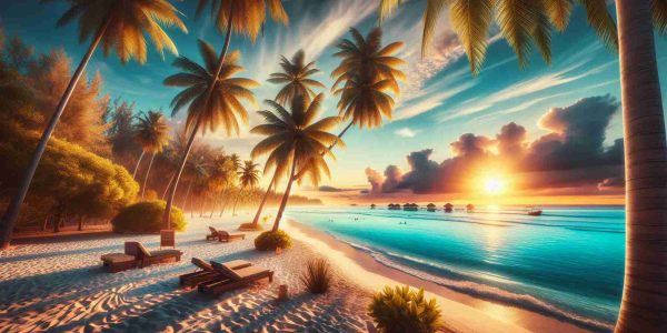 Generate a high-definition, realistic image featuring some of the world's top beach destinations that people might choose for their next vacation. Include a variety of tropical landscapes, showcasing pristine white sands, crystal clear blue waters, abundant green palm trees, and brilliant sunset skies. The scene should capture the essence of relaxation and tranquillity.