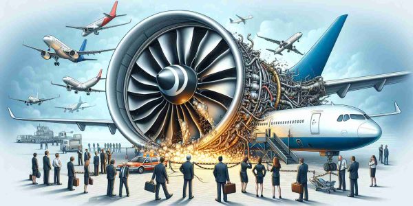 Create a realistic, high-definition image of an incident involving a Rolls-Royce airplane engine that has impacted airline operations. The scene should depict the engine in a state of malfunction with noticeable anomalies. Additionally, illustrate the ripple effect of this incident on the operations of the airline such as grounded airplanes, frustrated staff discussing the issue, and passengers looking quite anxious. Kindly adhere to the realism in the depiction of the scenario.